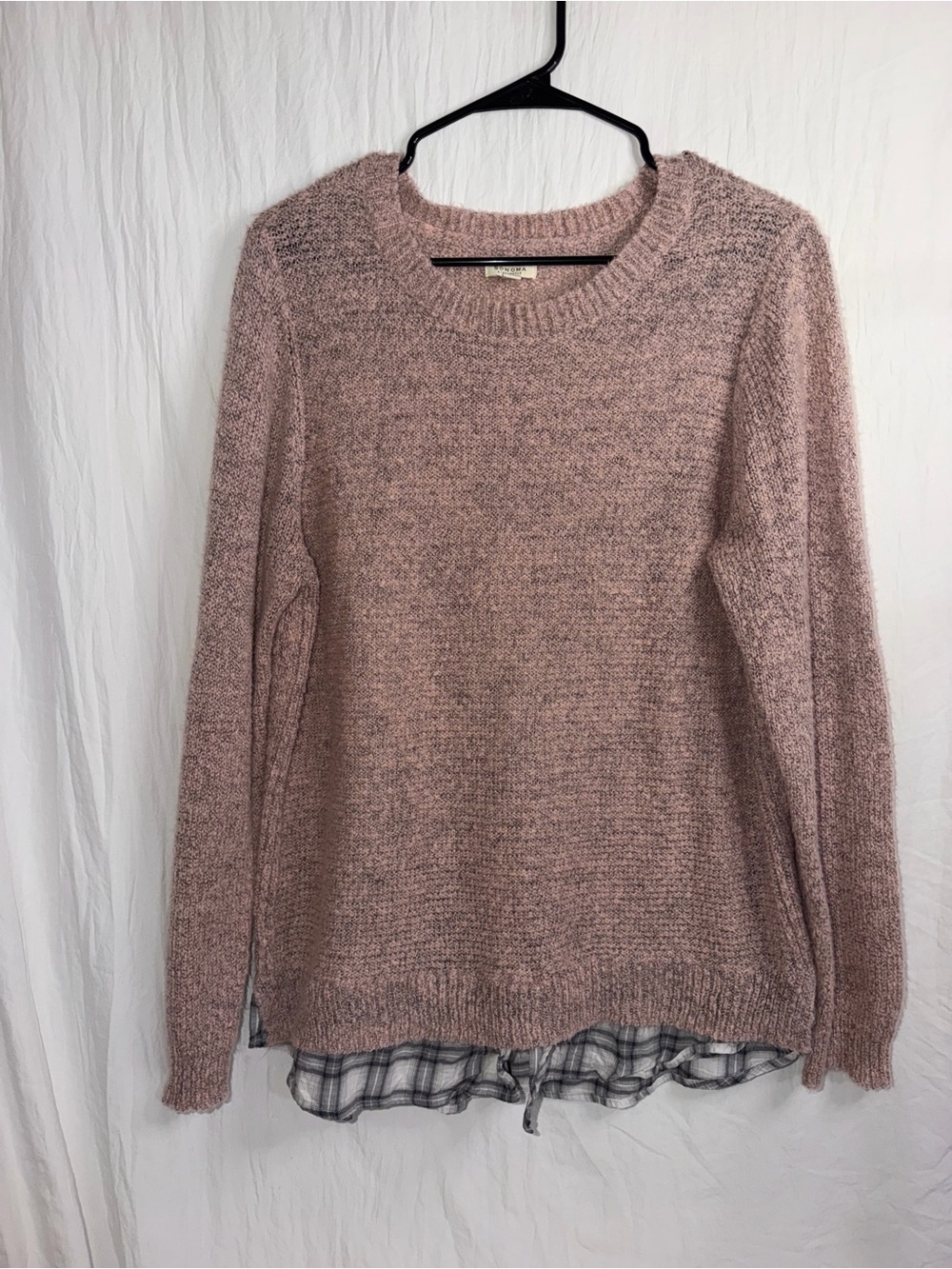 Sonoma Life + Style Layered Look Knit Sweater Plaid Hem Pink Gray Size XL